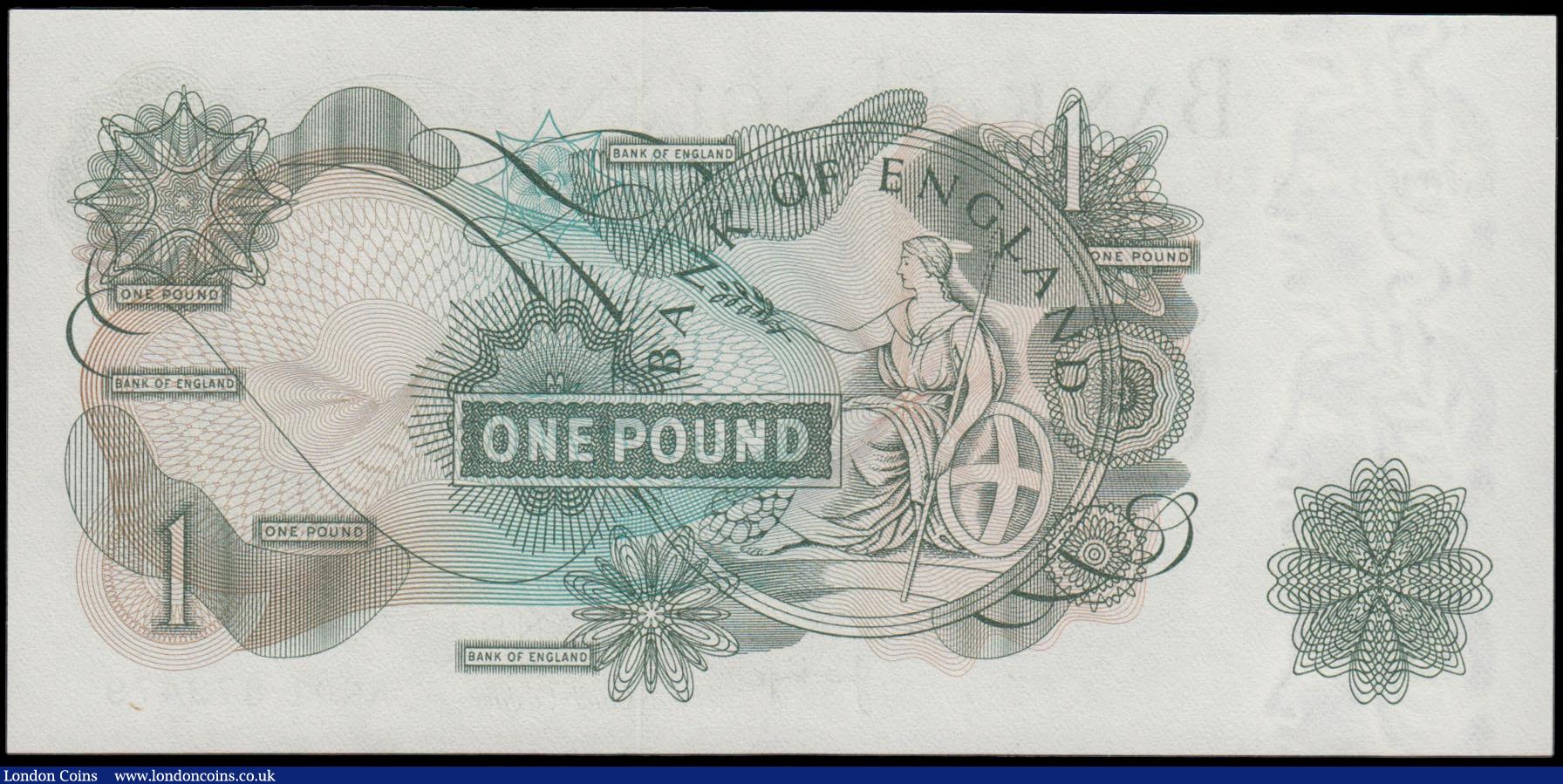 London Coins : A165 : Lot 431 : One Pound Page QE2 portrait & seated Britannia B322 Green issue 1970 scarce first run series AN0...