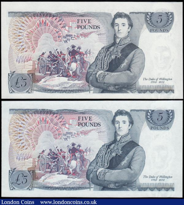 Five Pounds QE2 and The Duke of Wellington (2) Page B332 issued 1971 a first & last series pair numbered A12 790589 & L09 057554 both UNC : English Banknotes : Auction 165 : Lot 444