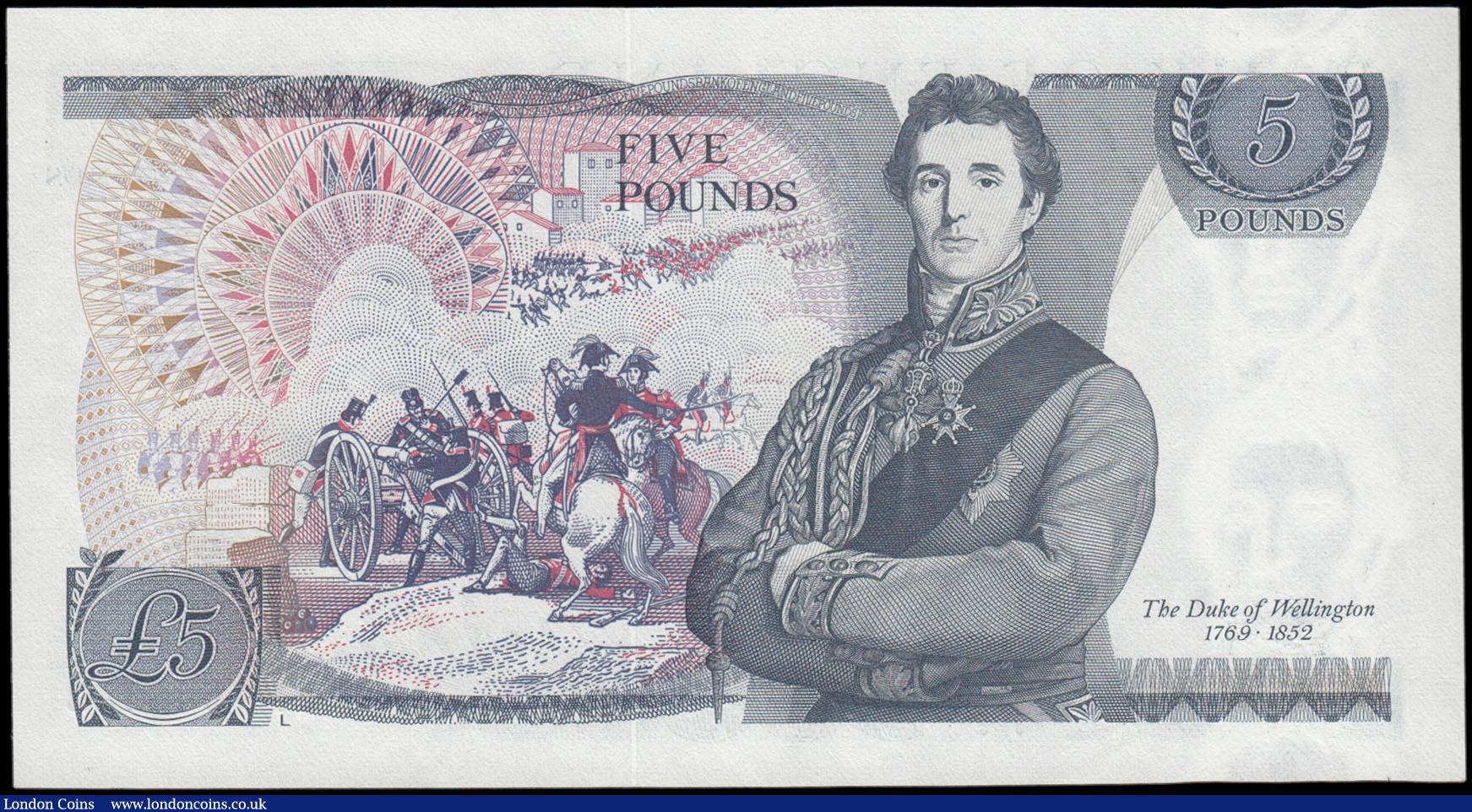 London Coins : A165 : Lot 447 : Five Pounds QE2 and The Duke of Wellington, Page B334 L Reverse issued 1973, series 12T 545153, UNC
