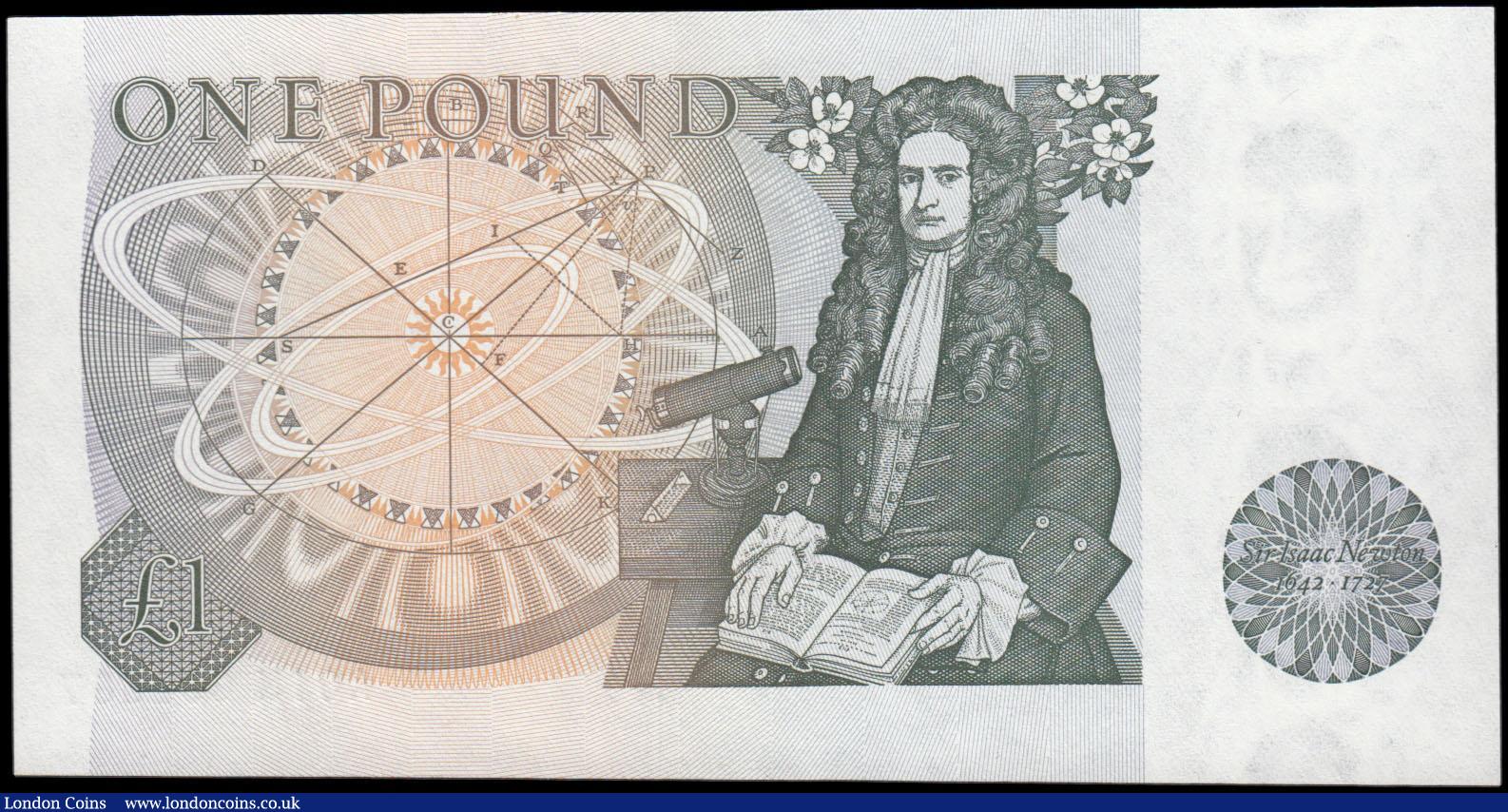 London Coins : A165 : Lot 452 : One Pound QE2 pictorial type and Sir Isaac Newton, Page B340 issued 1978, first run series A01N 6929...