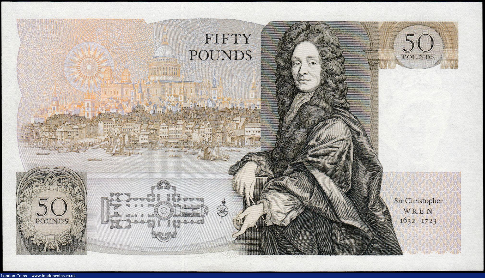 London Coins : A165 : Lot 471 : Fifty Pounds QE2 pictorial type & Sir Christopher Wren, Somerset B352 Contoured Thread Brown iss...