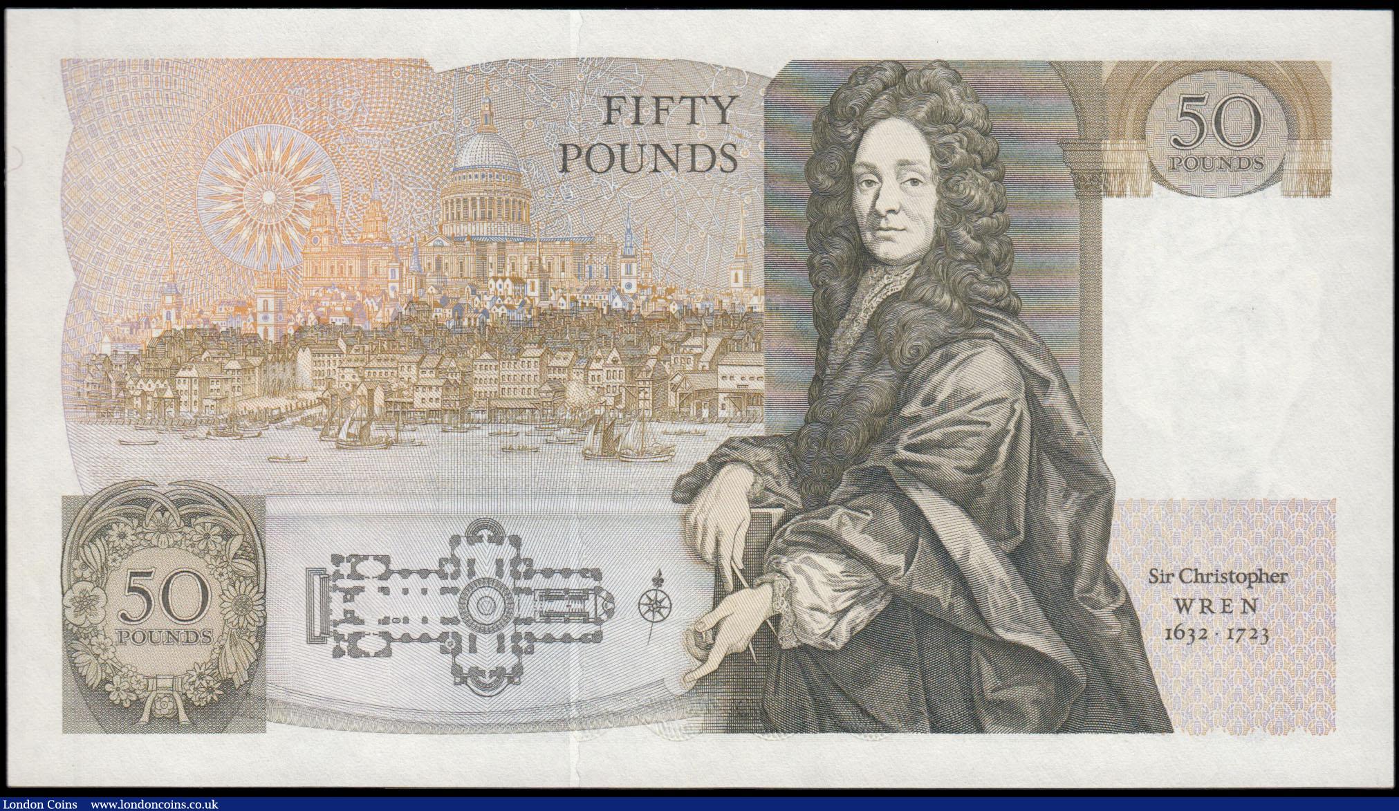 London Coins : A165 : Lot 472 : Fifty Pounds QE2 pictorial type & Sir Christopher Wren, Somerset B352 Contoured Thread Brown iss...