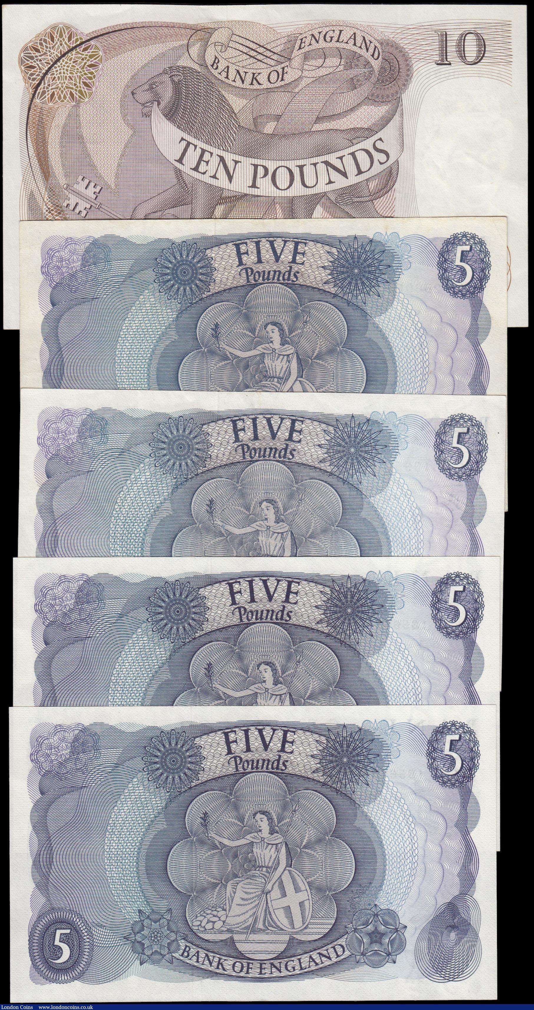 London Coins : A165 : Lot 545 : Bank of England Fforde 1967 issues (5) in mixed grades comprising Five Pounds QE2 & seated child...