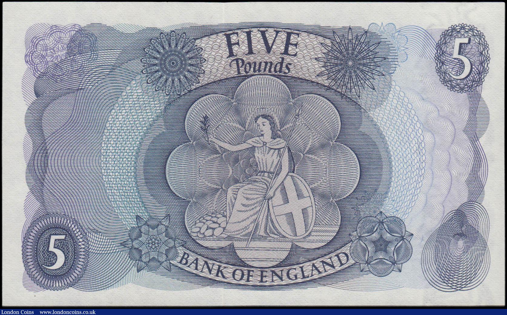 London Coins : A165 : Lot 546 : Five Pounds QE2 portrait and seated child Britannia B315 Replacement issue 1967 series 06M 284544 UN...