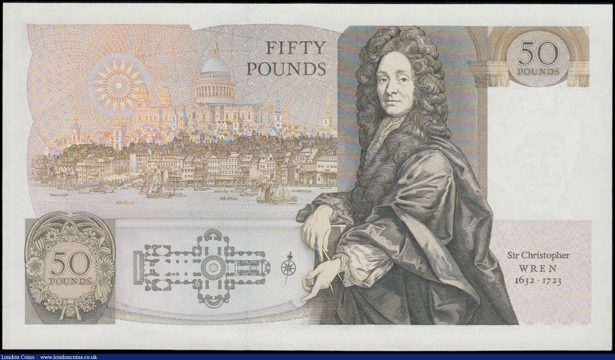 London Coins : A165 : Lot 571 : Fifty Pounds QE2 pictorial type & Sir Christopher Wren, Somerset B352 Contoured Thread Brown iss...