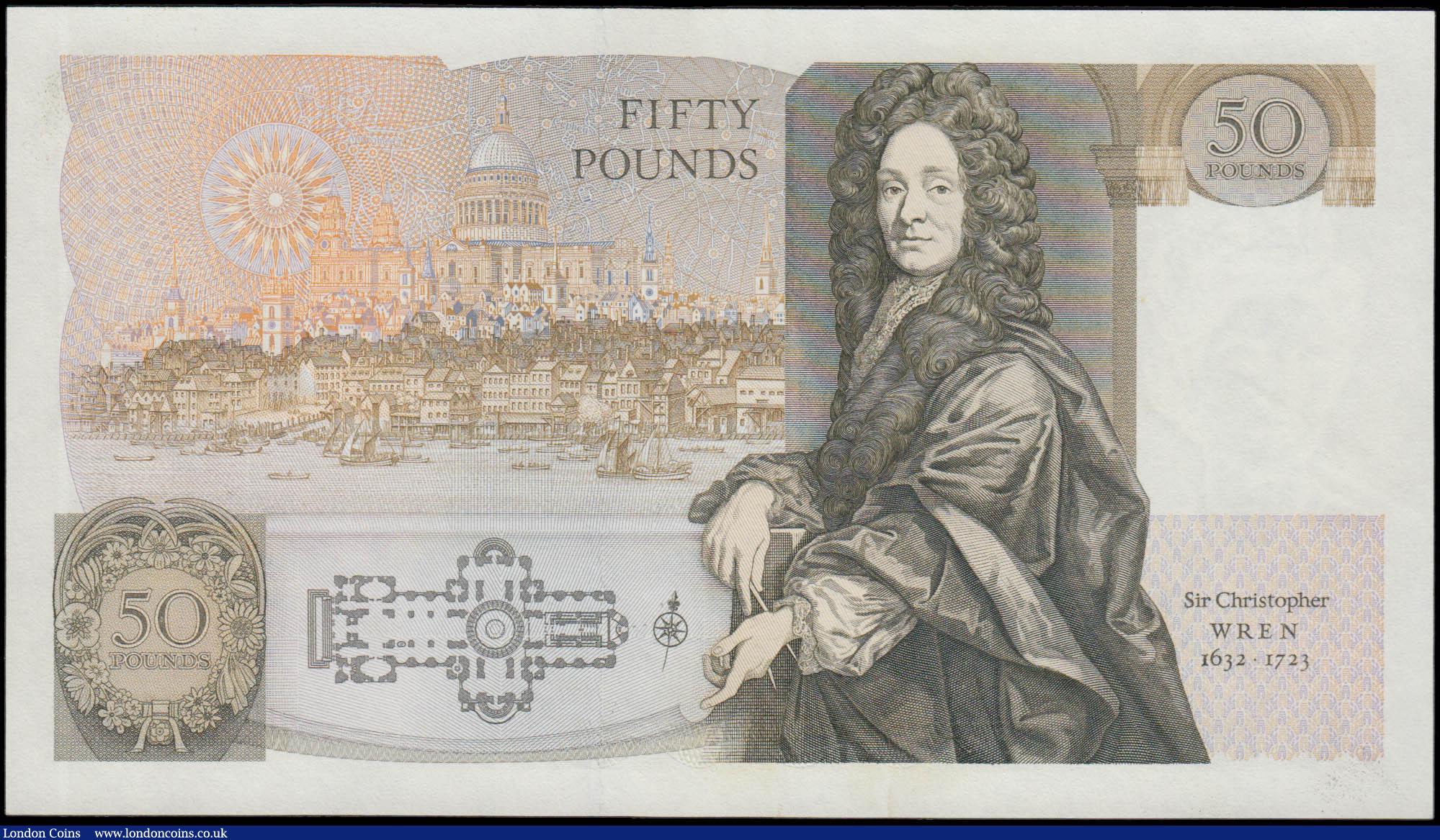 London Coins : A165 : Lot 572 : Fifty Pounds QE2 pictorial type & Sir Christopher Wren, Somerset B352 Contoured Thread Brown iss...