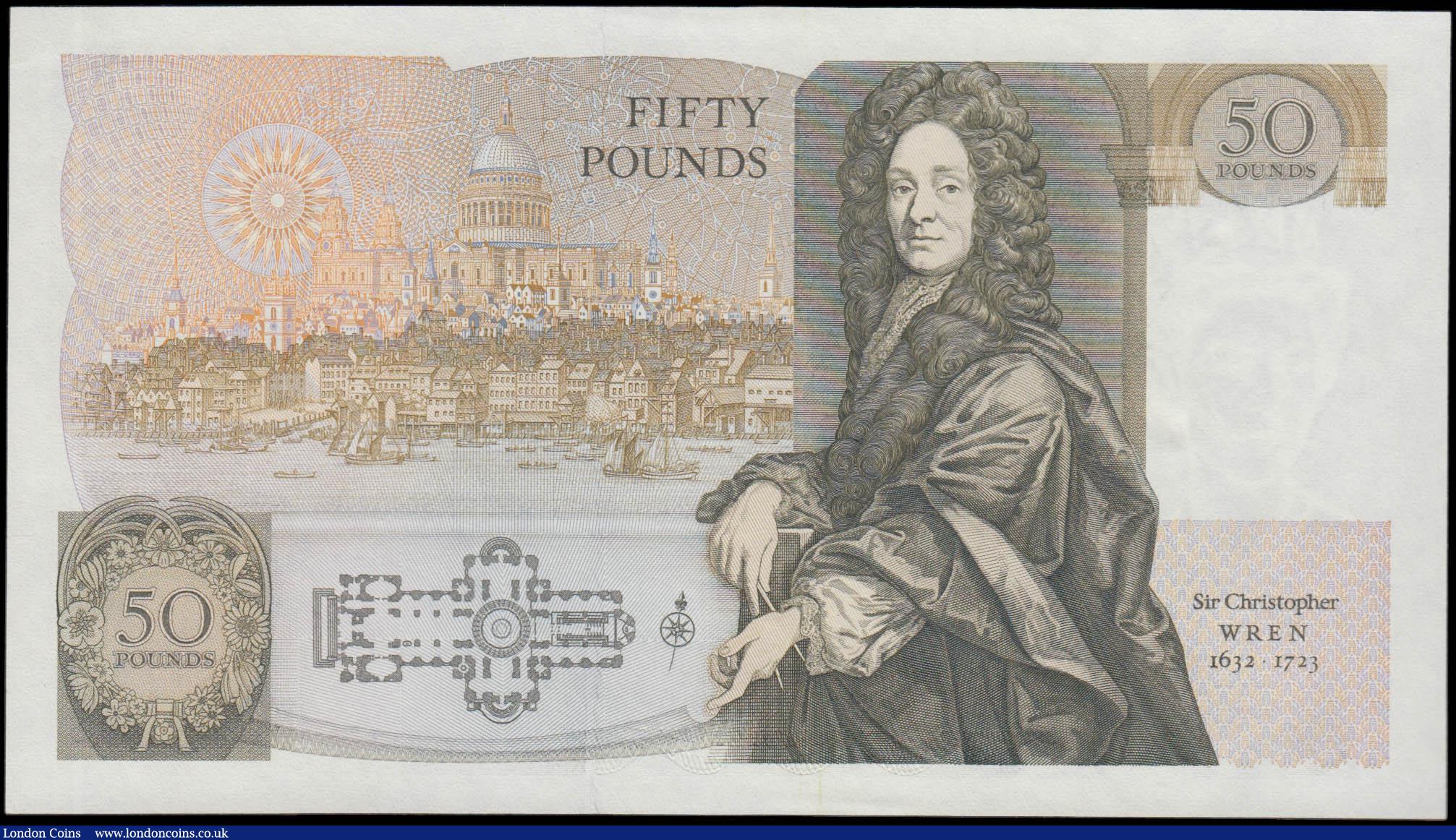 London Coins : A165 : Lot 573 : Fifty Pounds QE2 pictorial type & Sir Christopher Wren, Somerset B352 Contoured Thread Brown iss...