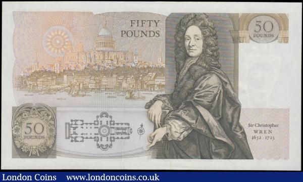 Fifty Pounds QE2 pictorial type & Sir Christopher Wren, Somerset B352 Contoured Thread Brown issue 1981 very FIRST RUN serial number A01 261502 about UNC : English Banknotes : Auction 165 : Lot 573