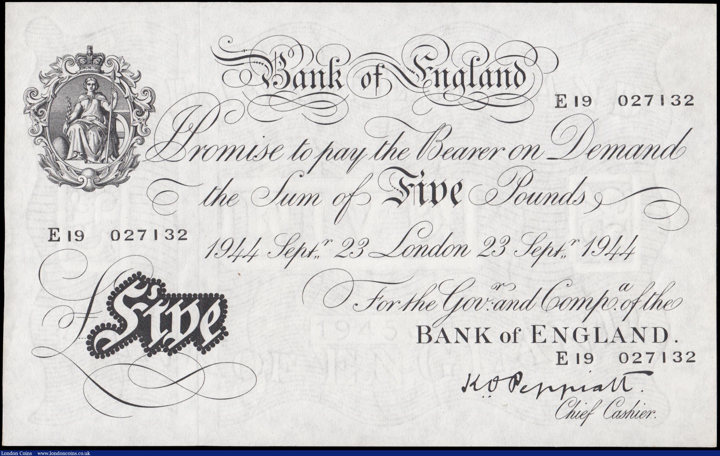 London Coins : A165 : Lot 64 : Five Pounds (2) Peppiatt thick paper B255 Metal Thread issue 1945, the first dated 23rd September 19...
