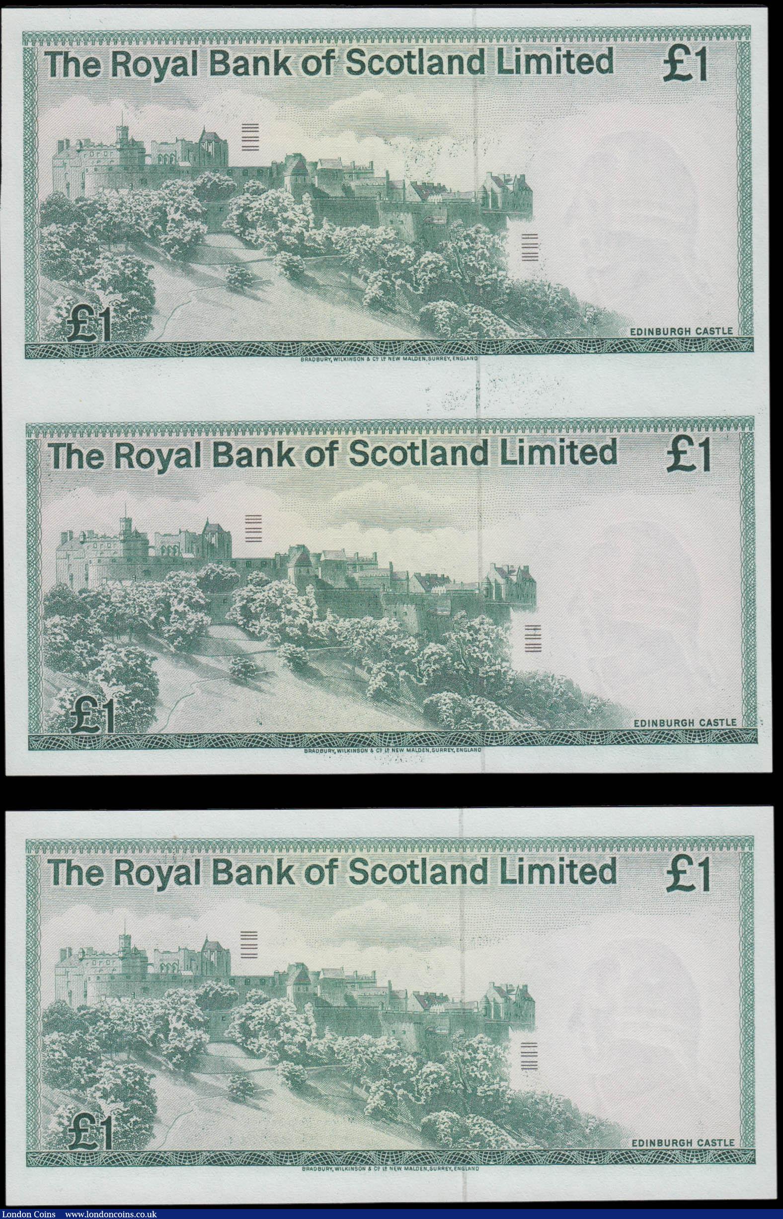 London Coins : A165 : Lot 811 : Scotland The Royal Bank of Scotland (2) a scarce FINAL PROOF an uncut sheet of 1 Pound notes (2) dat...