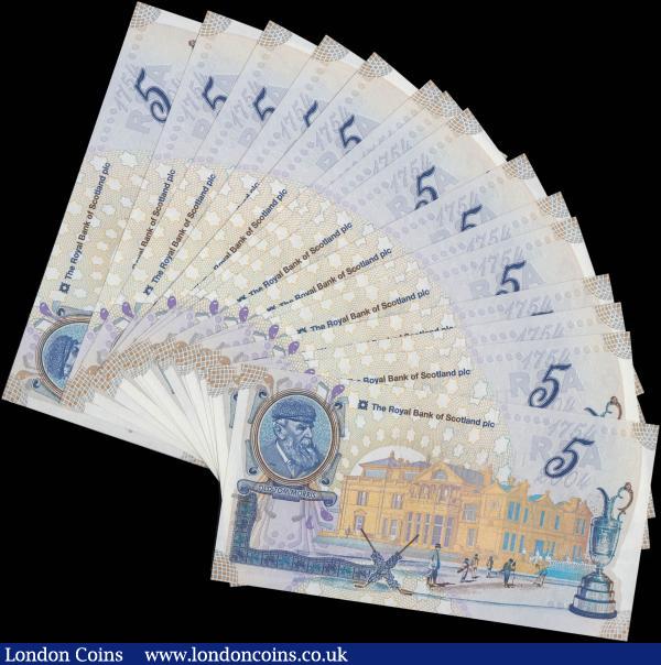 Scotland The Royal Bank of Scotland 5 Pounds PLC Calloway-Murphy RB99 Commemorative issues (16) all as consecutive set serial numbers R&A 0811901 through R&A 0811916 and about UNC - UNC : World Banknotes : Auction 165 : Lot 813