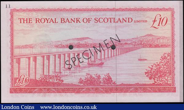 Scotland The Royal Bank of Scotland 10 Pounds SPECIMEN red COLOUR TRIAL No.11 imprinted on upper left margin on reverse Calloway-Murphy R72 signatures Robertson & Burke punchole cancelled dated 19th March 1969 serial number A/1 000000 black SPECIMEN overprint on obverse and reverse, Coat of Arms at lower centre on obverse and reverse Tay Bridge and view of Dundee. Exceptionally scarce and about UNC - UNC : World Banknotes : Auction 165 : Lot 821