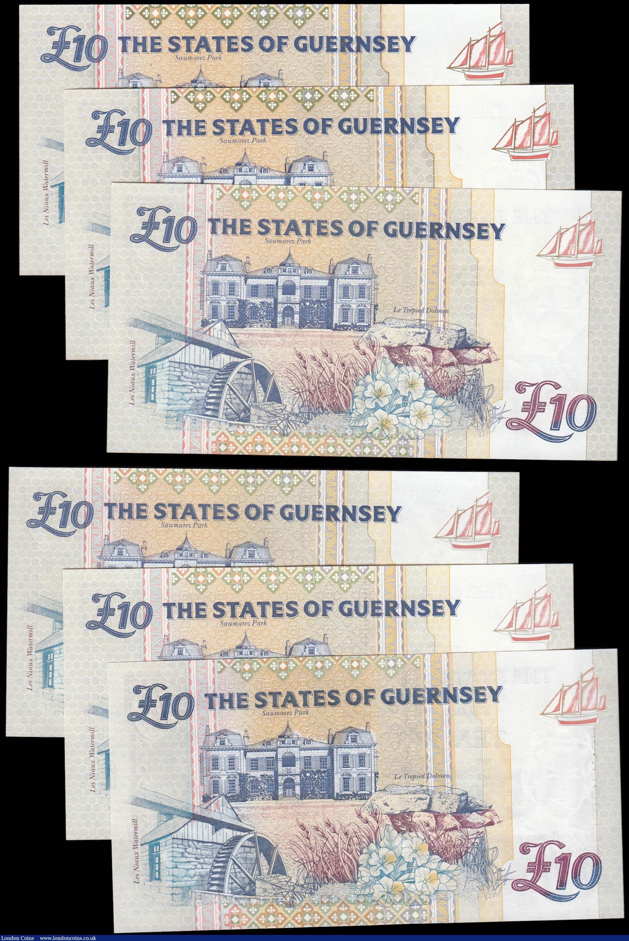 London Coins : A165 : Lot 825 : The States of Guernsey 10 Pounds QE2 issues (6) including signature D.P. Trestain Pick 57a (Banknote...