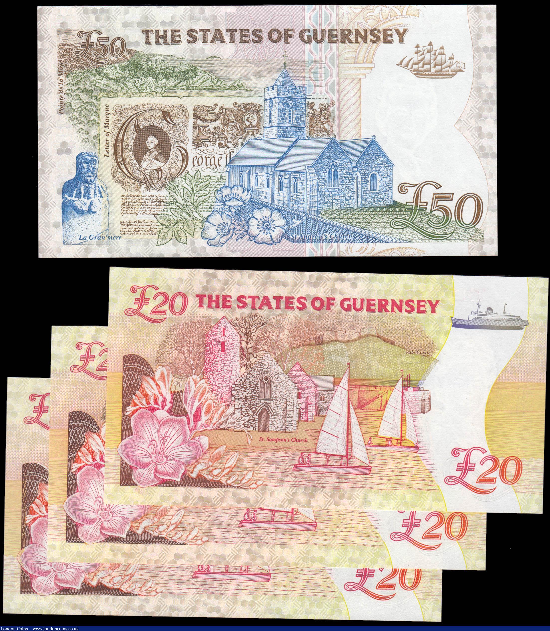 London Coins : A165 : Lot 832 : The States of Guernsey QE2 issues (4) including 20 Pounds (3) consisting of a consecutive pair signa...