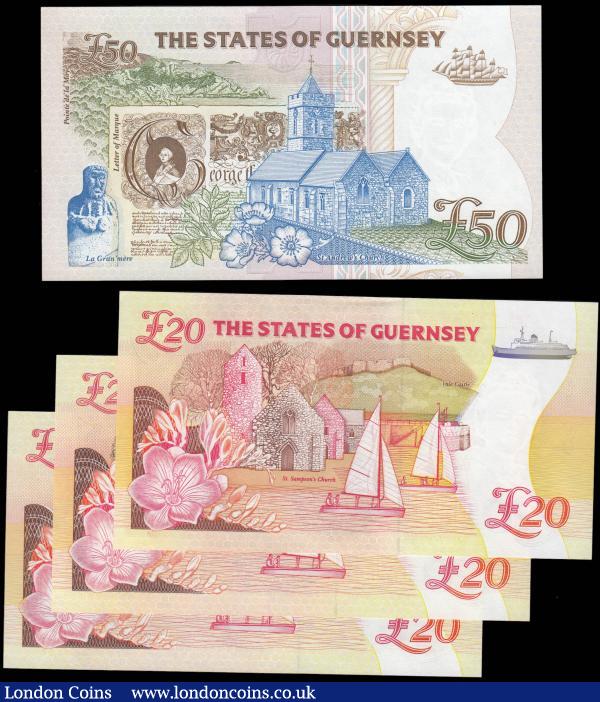 The States of Guernsey QE2 issues (4) including 20 Pounds (3) consisting of a consecutive pair signature D.P. Trestain Pick 58a (Banknote Yearbook GU63a) serial numbers A999971 & A999972 along with signature D.M. Clark Pick 58b (Banknote Yearbook GU63b) a HIGH serial number for this type C899900 given GU63b ends C900000, all in pink dark brown and orange on multicolour underprint with Queen Elizabeth II & St James Concert Hall on obverse and flowers, St. Sampson's Church and sailing boats below Vale Castle on reverse. Along with 50 pounds signature D.P. Trestain Pick 59 (Banknote Yearbook GU71a) serial number A036797, dark brown dark green and blue-black on multicolour underprint with Queen Elizabeth II & The Royal Court House on obverse and La Gran'mere, Pointe de la Moye, Letter of marque & St. Andrew's Church on reverse. All about UNC - UNC : World Banknotes : Auction 165 : Lot 832
