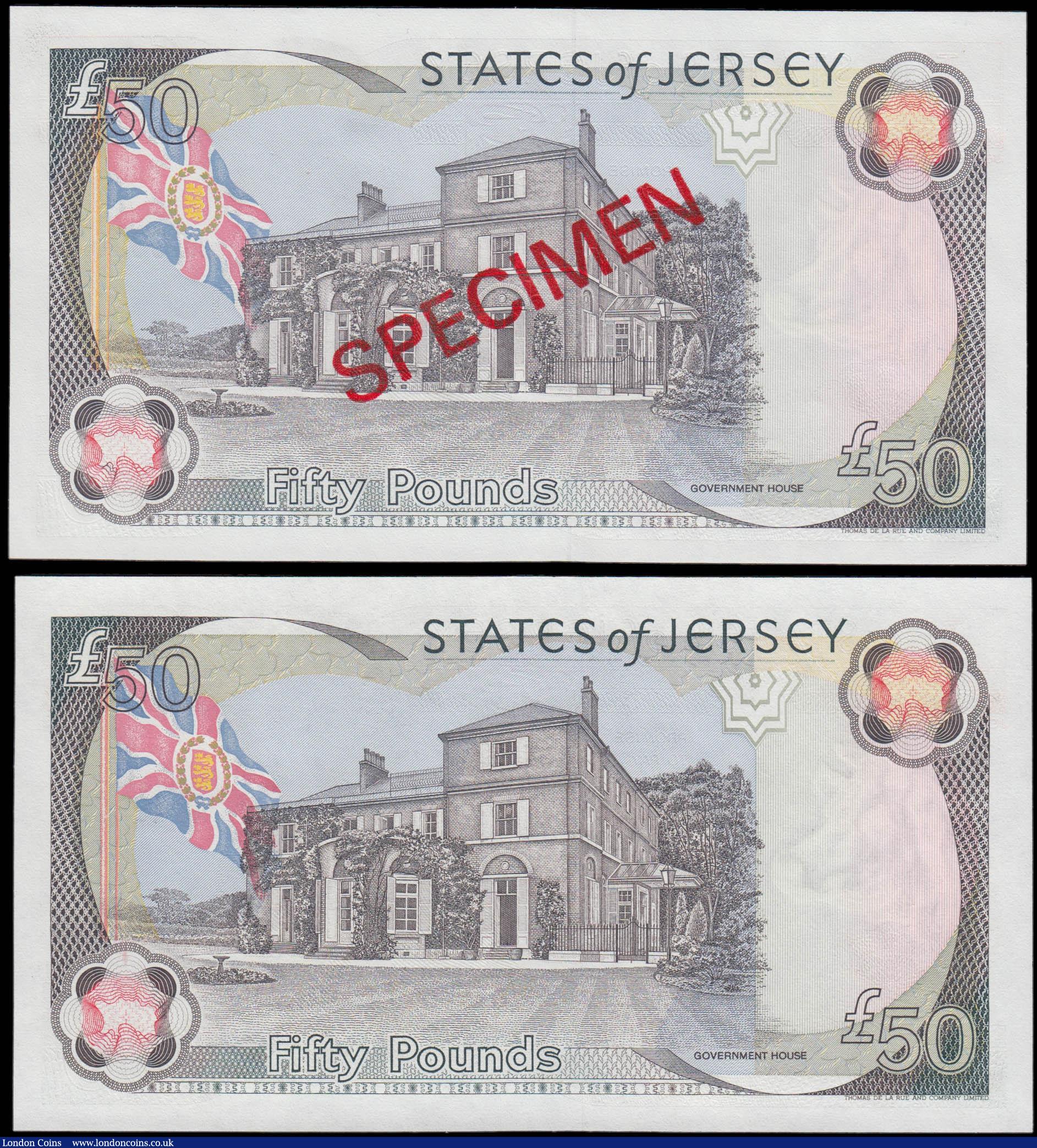 London Coins : A165 : Lot 837 : The States of Jersey 50 Pounds (2) comprising SPECIMEN Pick 19s ND 1989 series AC 000000 signature M...