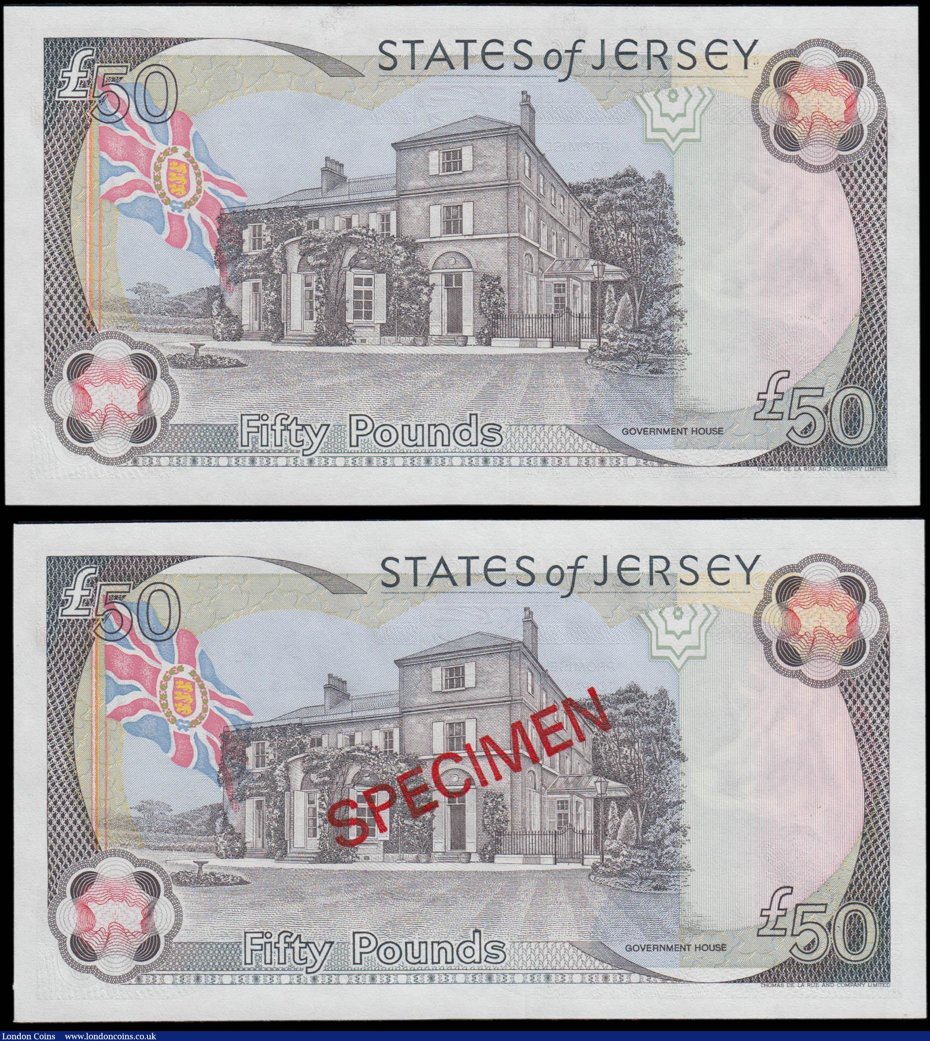 London Coins : A165 : Lot 838 : The States of Jersey 50 Pounds Ian Black signature (2) comprising a SPECIMEN Pick 30s series BC 0000...