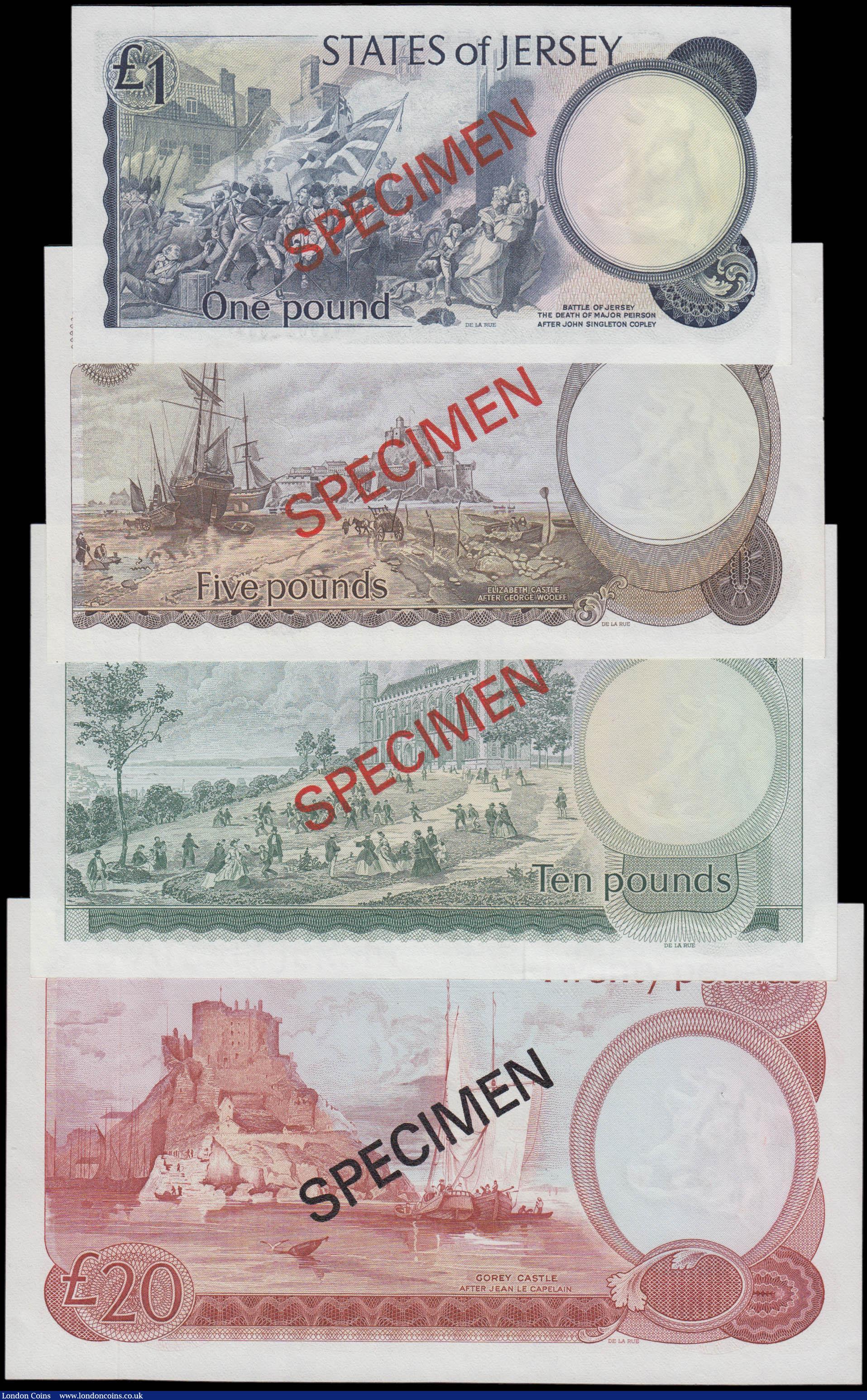 London Coins : A165 : Lot 840 : The States of Jersey Franklin Mint SPECIMENT set (4) Pick CS1 ND 1978 comprising &pound;1 blue, &pou...