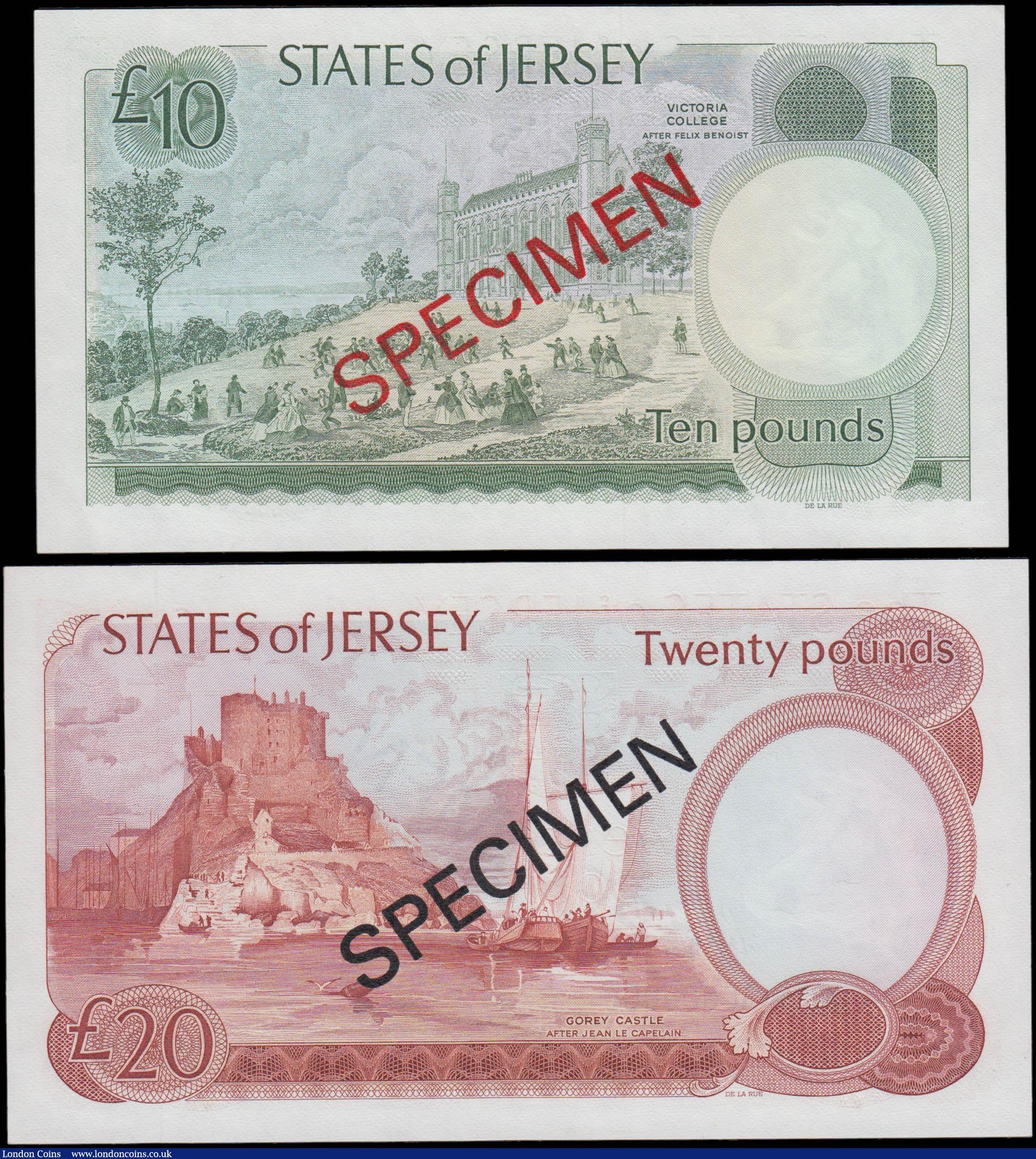 London Coins : A165 : Lot 841 : The States of Jersey May signature SPECIMEN notes (2) comprising 10 Pounds SPECIMEN Pick 13s ND 1976...