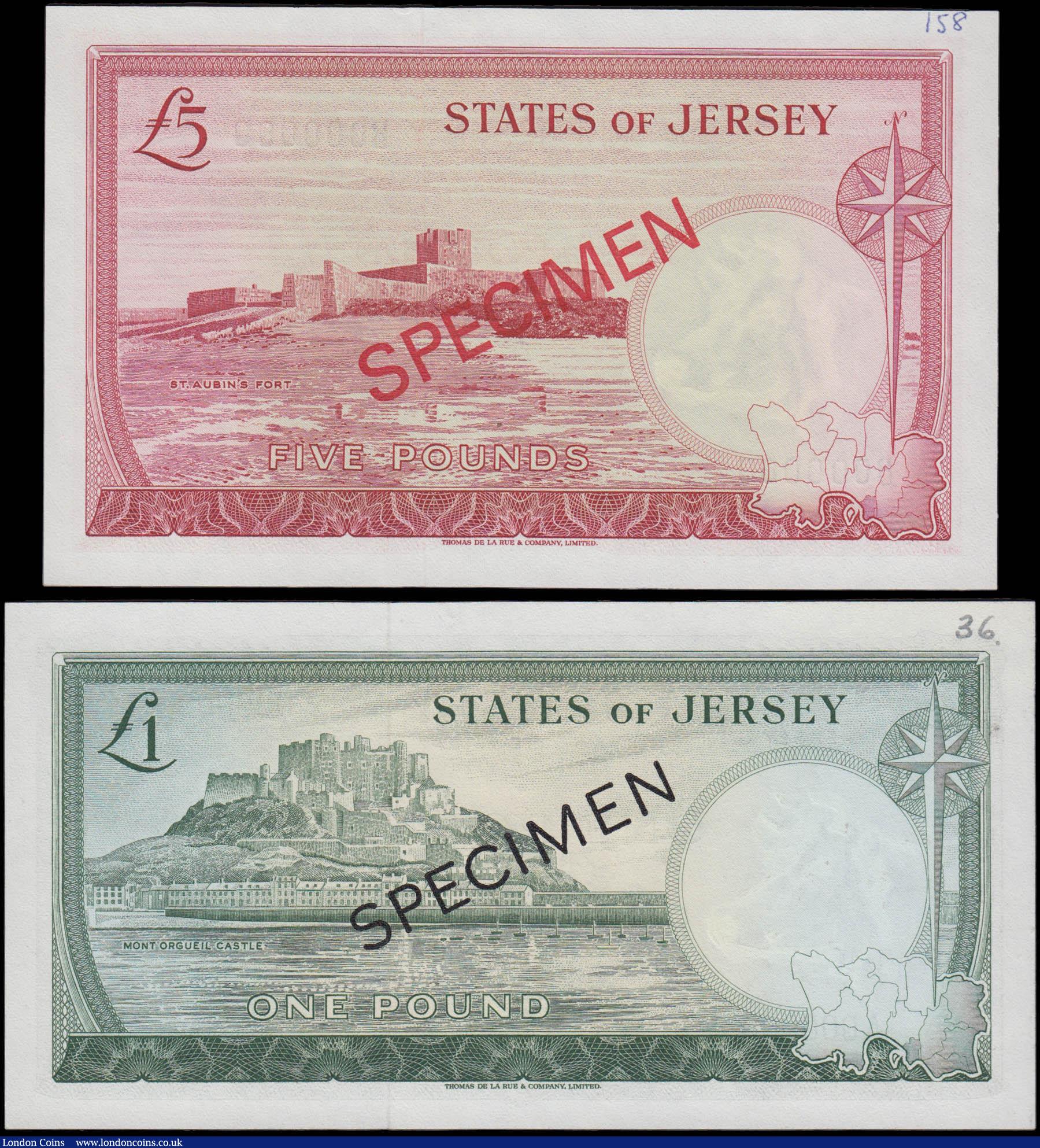 London Coins : A165 : Lot 842 : The States of Jersey SPECIMENS (2) 1 Pound SPECIMEN Pick 8s1 ND 1963 serial number A 000000 overprin...