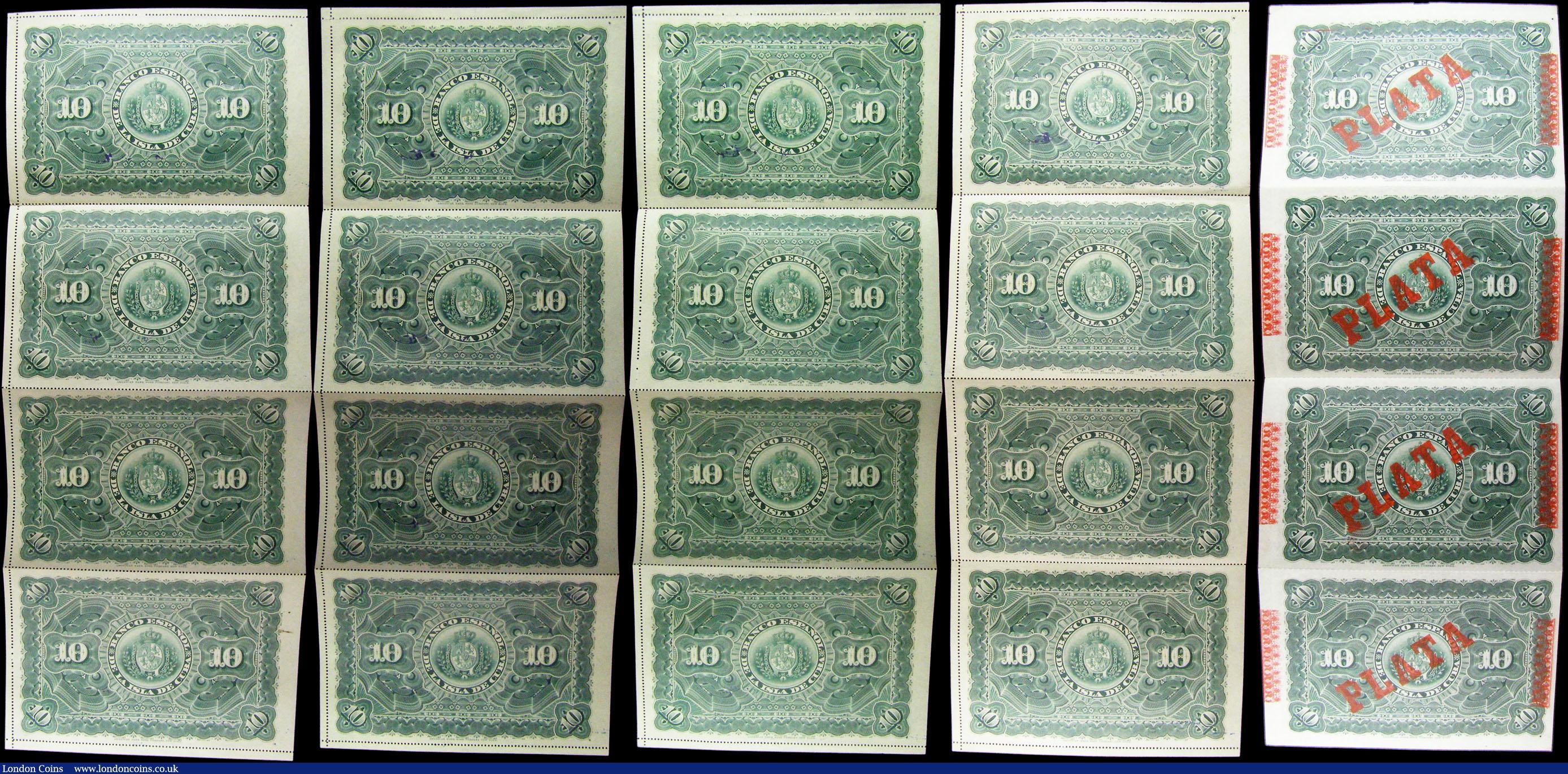 London Coins : A165 : Lot 882 : Cuba 10 Pesos (24) dated 1898 in 6 sheets of 4 notes each sheet, hand stamped partially printed date...