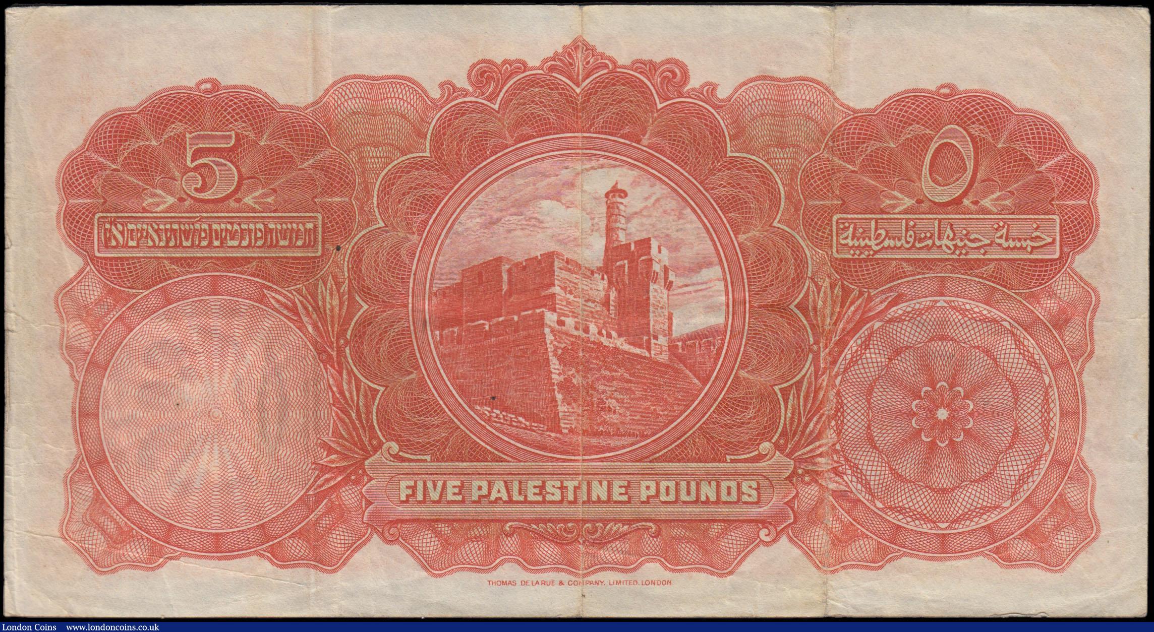 London Coins : A165 : Lot 995 : Palestine 5 Pounds Palestine Currency Board Pick 8d Jerusalem dated 1st January 1944 White Tower (Cr...