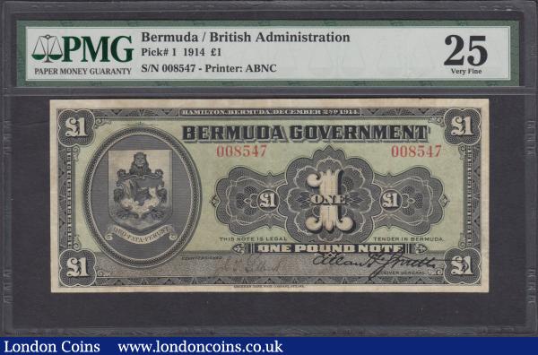 Bermuda Government British Administration 1 Pound dated 2nd December 1914, serial number in red 008547, P1, PMG 25 VERY FINE. An extremely rare piece, black on green underprint with arms at left on obverse. This is the first ever 1 Pound note issued in Bermuda and the only one to be printed by the American Banknote Company, Ottawa as the following later denominations were printed by British printers, mostly Waterlow & Sons and Bradbury & Wilkinson & Co. In 1882, the local 'legal tender act' demonetized the gold doubloon, which had in effect been the real standard in Bermuda, and this left pounds, shillings, and pence as the sole legal tender. The British pound sterling then remained the official currency of Bermuda until 1970.  In 1920, 5 shilling notes were introduced, followed by 10 shillings in 1927 and 5 pounds in 1941. The 5 shilling note ceased production in 1957, with 10 pound notes introduced in 1964. It was finally decided to take the action that British Honduras had already done 85 years earlier. In line with the international trend towards decimalization, Bermuda introduced a new currency in the form of a dollar that was fixed at an equal value to the US dollar. The new Bermuda dollars operated in conjunction with decimal fractional coinage, hence ending the pounds, shillings, and pence system in that colony in the year before it was ended in the United Kingdom itself. The decision to finally align with the US dollar was at least in part influenced by the devaluation of sterling in 1967 and Bermuda's increasing tendency to keep its reserves in US dollars. Although Bermuda changed to a U.S. based currency and changed the bulk of its reserves from sterling to U.S. dollars in 1970, it still nevertheless remained a member of the sterling area since at that time, the pound sterling and the US dollar had a fixed exchange rate of £1 = $2.40. The design makes it a bit of an outlier as it does not feature any royal portraits.  : World Banknotes : Auction 165 : Lot 862