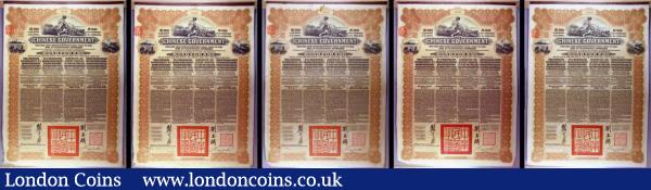 China, Chinese Government 1913 Reorganisation Gold Loan, 5 x bonds for £20, Hong Kong & Shanghai Bank issues, vignettes of Mercury and Chinese scenes, black & brown with coupons Fine to NVF some with pencil annotations and pinholes : Bonds and Shares : Auction 166 : Lot 11
