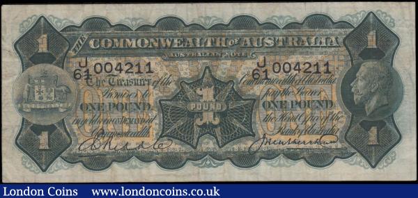 Australia Commonwealth Bank King George V 1 Pound Pick 16c 1926 - 1932 signature title at left Governor / Commonwealth Bank of Australia and signed Riddle & Heathershaw serial number J/64 004211. The note in dark olive-green on multicolour underprint featuring portrait of King George V at right and Coat of Arms at left on obverse and the reverse depicting Captain Cook's landing at Botany Bay on 29 April 1770 after his extensive navigation of New Zealand with his ship “HMS Endeavour”.  About VF and a very Scarce issue : World Banknotes : Auction 166 : Lot 120