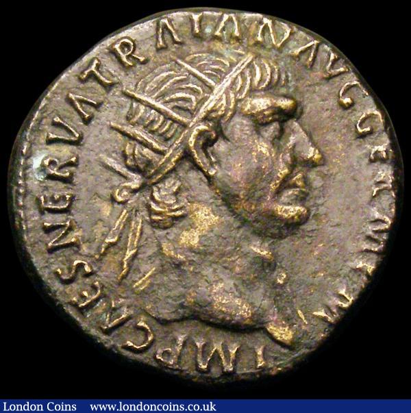 Roman Brass Dupondius Trajan, Rome 101, Rev. Justitia std. l. on chair of crossed cornuacopiorum, (RCV 3225) GVF or better  : Ancient Coins : Auction 166 : Lot 1424