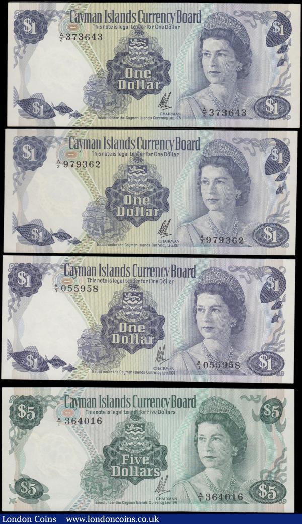 Cayman Islands Currency Board Queen Elizabeth II issues (4) comprising 1 Dollars (3) including Pick 1b L. 1971 (2) serial numbers A/2 373643 and A/2 979362, and Pick 5a L.1974  serial number A/3 055958. Along with 5 Dollars Pick 2a L. 1971 serial number A/1 364016. All about UNC - UNC, Scarce and very sought after issues all featuring H.M. Queen Elizabeth II at right wearing tiara and Arms at centre : World Banknotes : Auction 166 : Lot 155