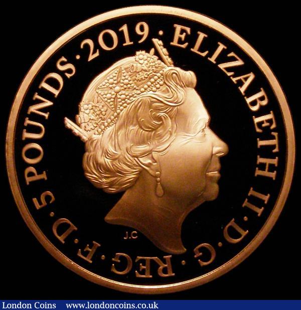 Five Pound Crown 2019 200th Anniversary of the Birth of Queen Victoria, Reverse an intricate and well-executed design showing portrait of Queen Victoria, plus other inventions of the Victorian Era, the Steam Train, Paddle Steamer, Penny Farthing Bicycle, and telephone, each within a series of cogwheels, edge inscription WORKSHOP OF THE WORLD, by John Bergdahl Gold Proof FDC not yet listed in the Spink catalogue,  : English Coins : Auction 166 : Lot 1612