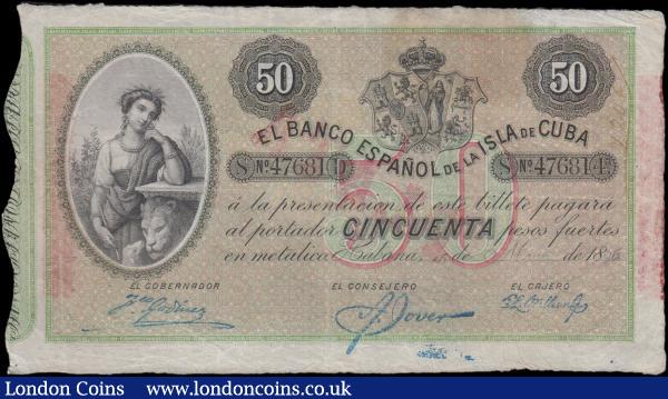 Cuba Banco Espanol De La Isla De Cuba 50 Pesos Pick 50b partly printed and partly handwritten date Habana, 15th May 1896 serial number 47681 and the note in black on red and green underprint featuring an Allegorical maiden with lion and lamb at left ant Coat of Arms at upper centre right on obverse and an Allegorical Woman's bust at centre with red overprint PLATA on reverse. VF, Minor Erasure and Ink Bleed, Annotation at upper right and Foreign Substance on reverse at upper centre left but a Scarce note and seldom seen : World Banknotes : Auction 166 : Lot 173