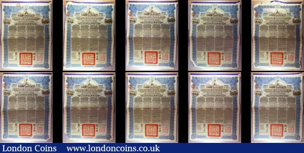 China, Chinese Government 1913 Reorganisation Gold Loan, 10 x bonds for £100 Hong Kong & Shanghai Bank issues, vignettes of Mercury and Chinese scenes, black & blue, with coupons. Generally Fine to Good Fine with pencil annotations, most with pinholes, one with a small hole at the top left and on the top left coupon : Bonds and Shares : Auction 166 : Lot 4