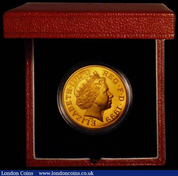 Five Pound Crown 1999 Millennium Gold Proof S.L7 nFDC toned in the Royal Mint box of issue with certificate, the box a little dirty : English Cased : Auction 166 : Lot 591