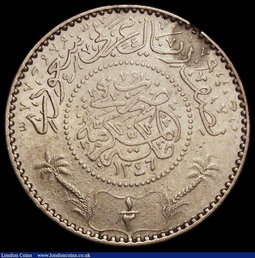 London Coins : A166 : Lot 1182 : Saudi Arabia - Hejaz and Nejd Sultanate Half Riyal AH1346 (1927) KM#11 Fine with some edge nicks, Ra...