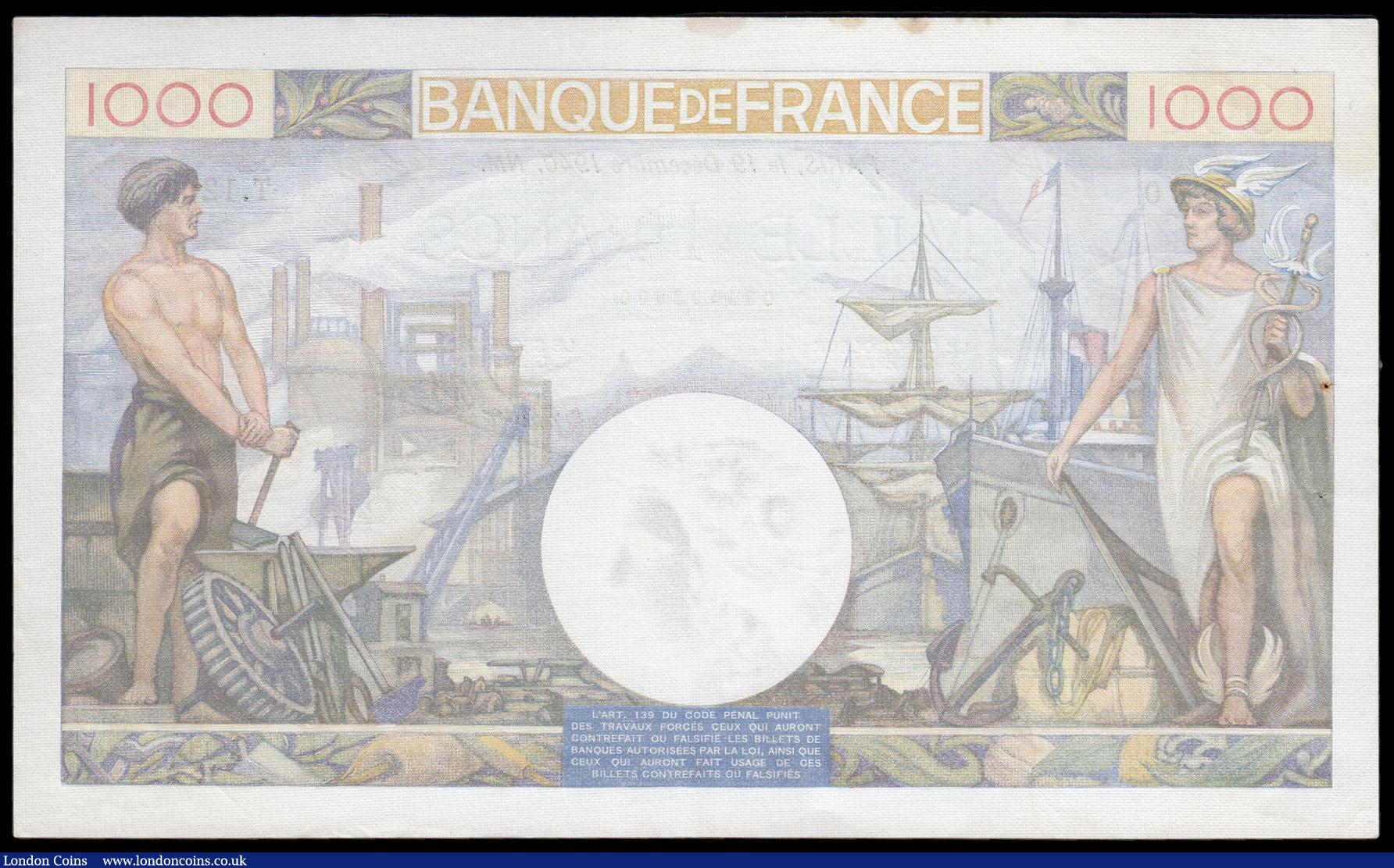 London Coins : A166 : Lot 210 : France Banque De France 1000 Francs Pick 96a dated Paris, 19th December 1940 series T.1260 690 numbe...