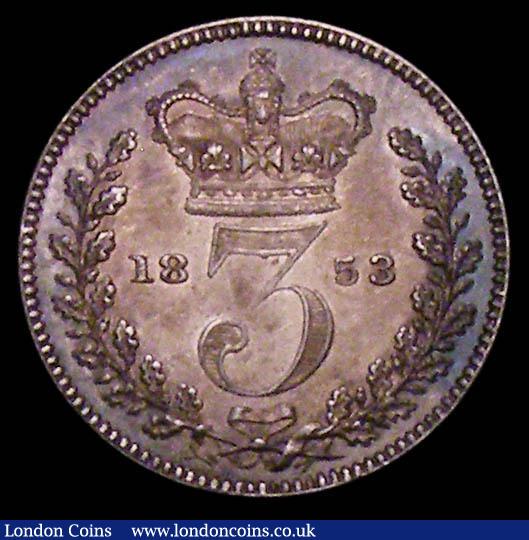 London Coins : A166 : Lot 2264 : Threepence 1853 ESC 2060, Bull 3384 UNC or very near so with the lightest friction to the highest po...