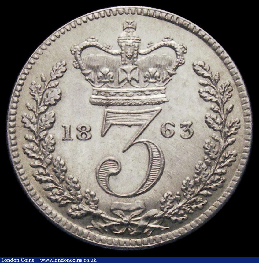 London Coins : A166 : Lot 2266 : Threepence 1863 ESC 2070, Bull 3401 UNC and lustrous with some minor hairlines, superior to the exam...