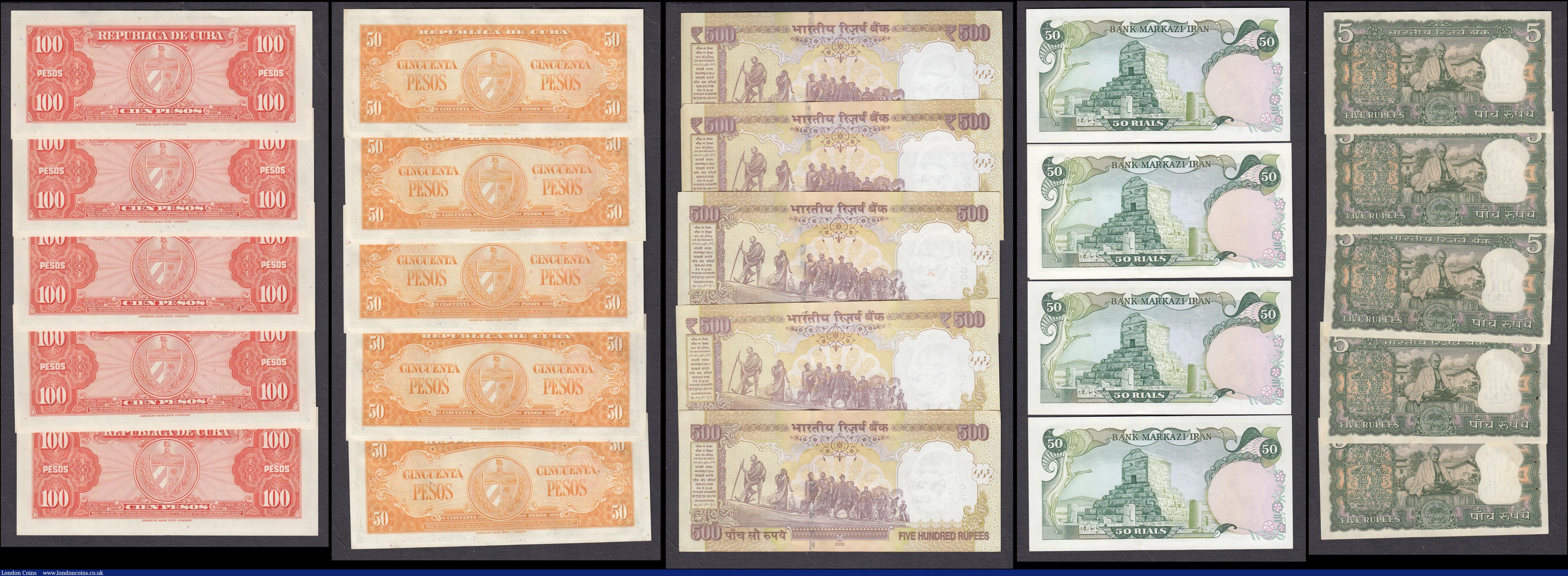London Coins : A166 : Lot 280 : India, Cuba & Iran (25) mostly about UNC - UNC comprising India (10) comprising 5 Rupees Pick 68...