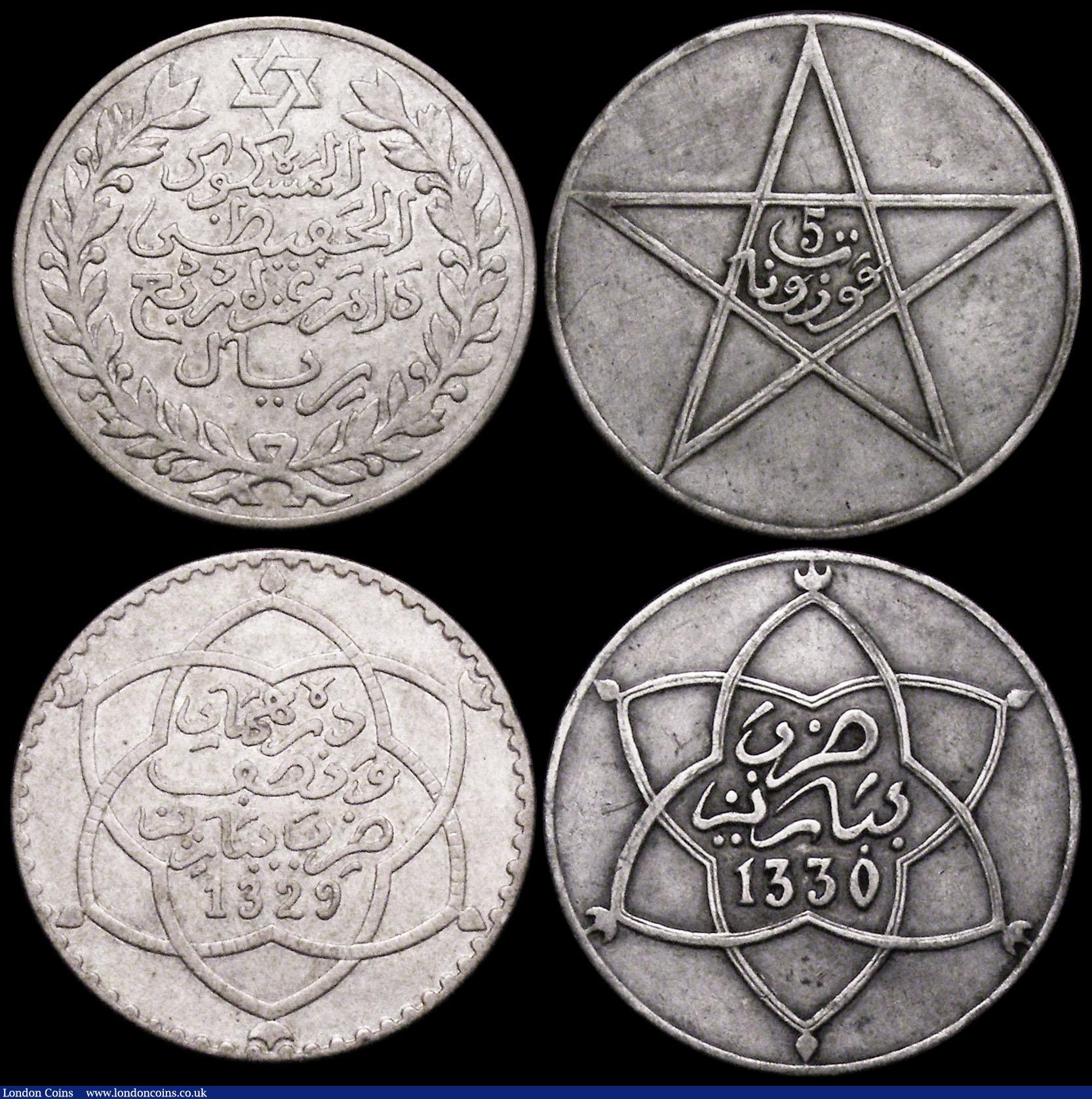 London Coins : A166 : Lot 2814 : Morocco (3) 5 Dirhams AH1313 (1894) Paris Mint GVF/NEF, 2 1/2 Dirhams AH1329 (1911) Y#23 About VF, 5...