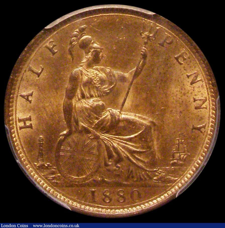 London Coins : A166 : Lot 2987 : Halfpenny 1880 Freeman 341A dies 15*+P in a PCGS holder and graded MS64 RB, rated R12 by Freeman, we...