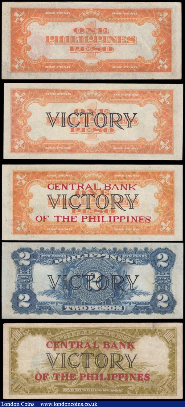 Philippines (5) comprising Treasury Certificate 1 Peso Pick 89a series of 1941 serial number E3820035E. Treasury Certificates "VICTORY" overprint on reverse certificates including 1 Peso Pick 94 serial number F38553197 overprint on Pick 89 UNC and 2 Pesos Pick 95a serial number F11870387 overprint on Pick 90 GEF. Central Bank of the Philippines red overprint "Central Bank of The Philippines" on "VICTORY" issues (2) 1 Peso Pick 117b ND1949 overprint on reverse of Pick 94 serial number F66828492 and 100 Pesos Pick 123a ND 1949 overprint on reverse of Pick 100  serial number F00223736 Rare, about VF - VF Minor Repair. : World Banknotes : Auction 166 : Lot 374