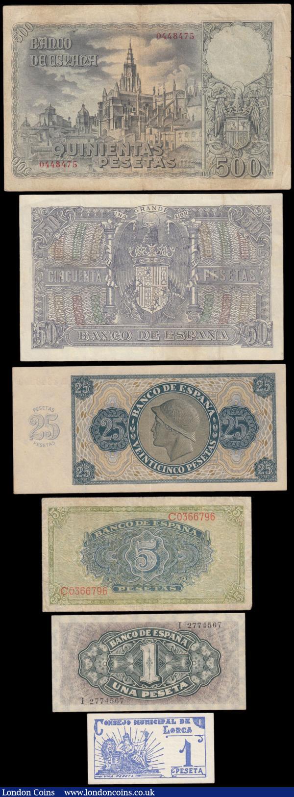 Spain (6) in mixed grades comprising 500 Pesetas Pick 124a dated 21st October 1940 serial number 04448475, 50 Pesetas Pick 117a dated 9th January 1940 serial number D51430602, 25 Pesetas Pick 99a dated 21st November 1936 serial number R4948590, Local Provisional issue 1 Peseta Consejo Municipal de Lorca, 5 Pesetas Pick 123a dated 4th September 1940 serial number C0366796 and  1 Peseta Pick 122a dated 4th September 1940 serial number I 2774567 and very Scarce issues : World Banknotes : Auction 166 : Lot 423
