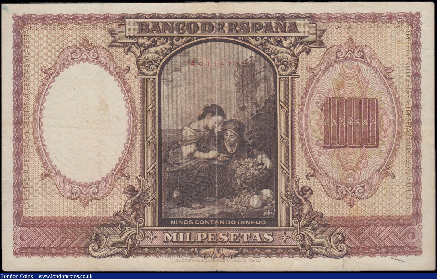 London Coins : A166 : Lot 435 : Spain El Banco de Espana 1000 Pesetas Pick 120a dated 9th January 1940 issue of 12th November 1943 s...