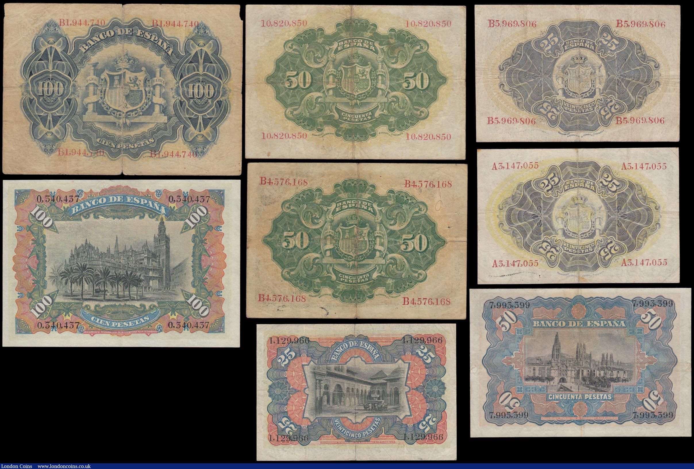 London Coins : A166 : Lot 443 : Spain El Banco De Espana early issues (8) in mixed grades comprising 25 Pesetas Pick 57a dated 24th ...