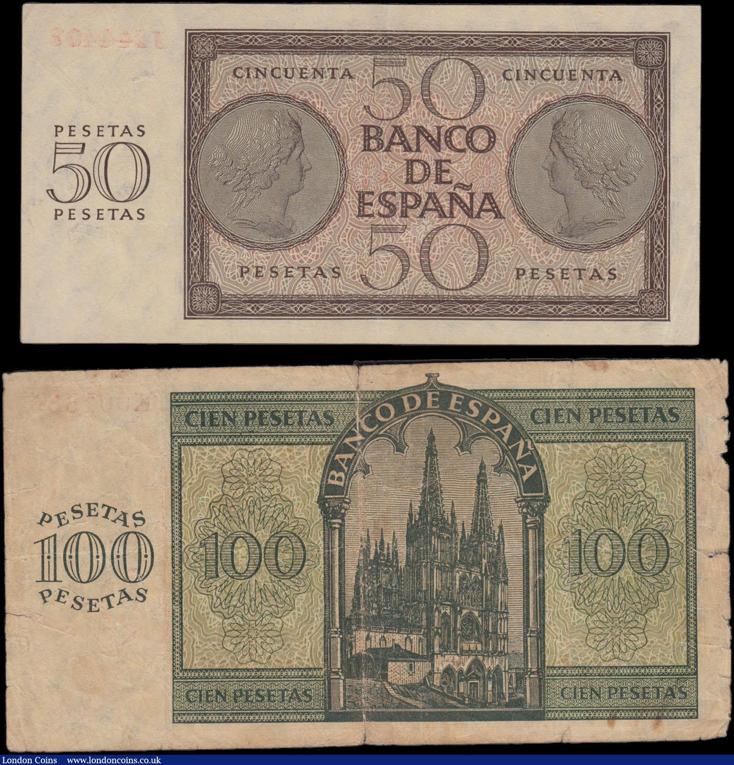 London Coins : A166 : Lot 445 : Spain Regency issues dated 21st November 1936 (2) comprising 50 Pesetas Pick 100a Brown on green und...