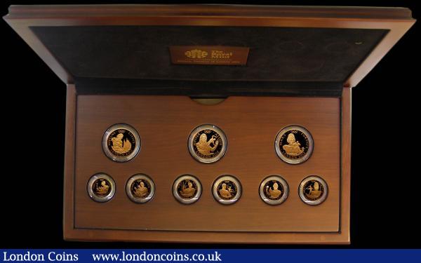 Britannia Gold a 9-coin set commemorating the London 2012 Olympic Games, comprising One Hundred Pounds Gold (3) 2010 Neptune - Faster, 2011 Jupiter - Higher and 2012 Mars - Stronger and £25 Gold (3) 2010 Mercury - Faster, 2010 Diana - Faster, 2011 Juno - Higher, 2011 Apollo - Higher, 2012 Vulcan - Stronger, 2012 Minerva - Stronger FDC in the impressive wooden box of issue with certificates : English Cased : Auction 166 : Lot 523