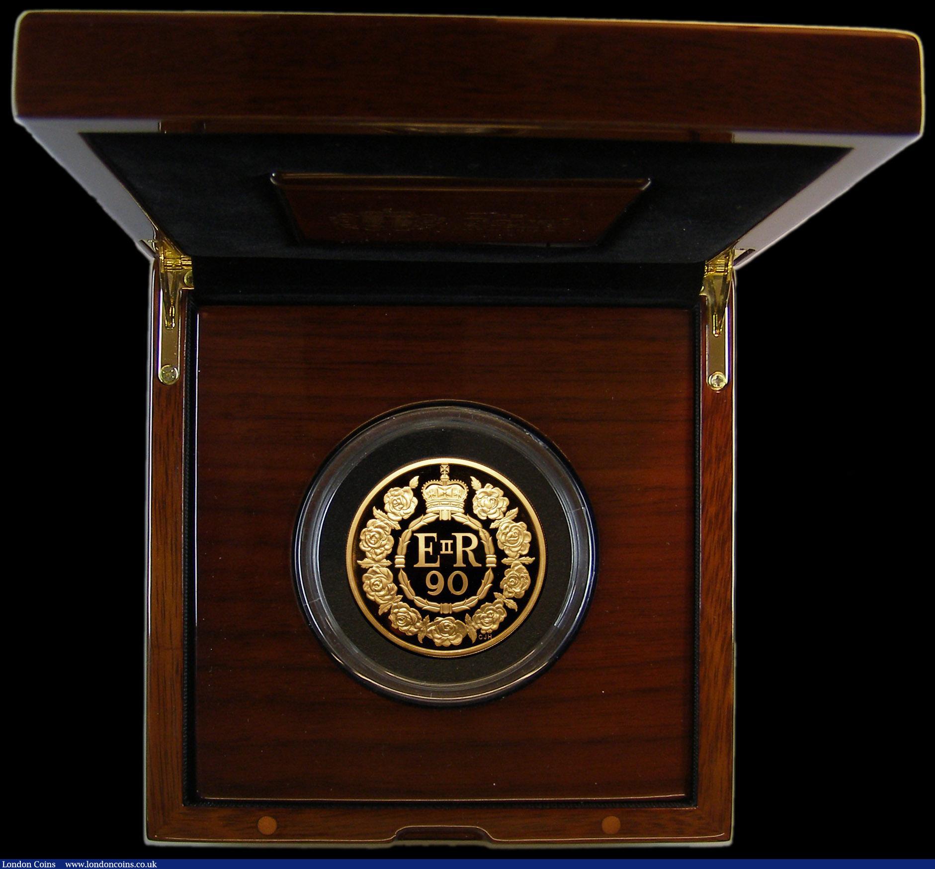 London Coins : A166 : Lot 790 : Ten Pounds 2016 Queen Elizabeth II 90th Birthday 5oz. Gold Proof S.M8 FDC in the Royal Mint box of i...