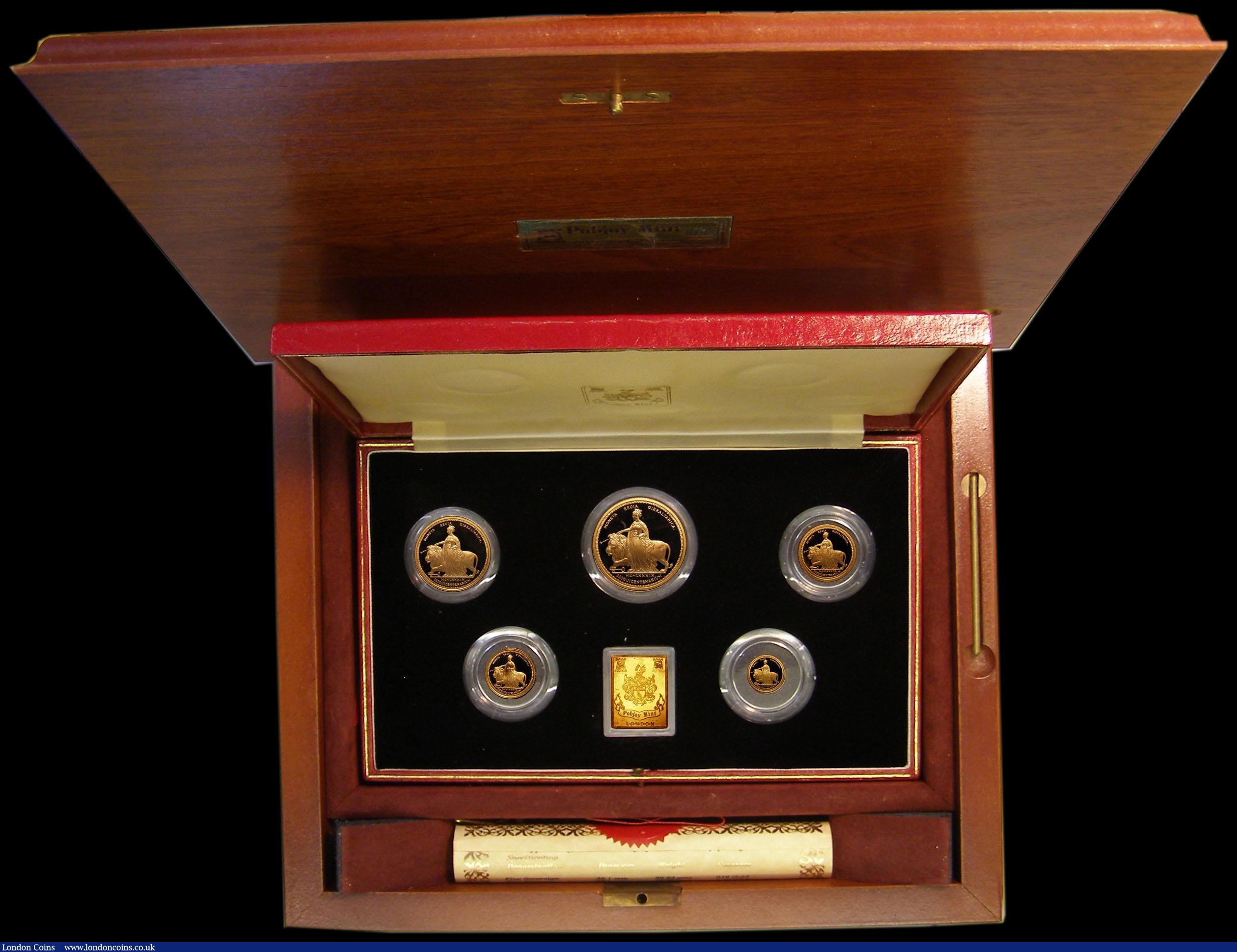 London Coins : A166 : Lot 958 : Gibraltar 1839 - 1989 Una and the Lion Gold Proof Set 5 coin set &pound;5, &pound;2, Sovereign and H...